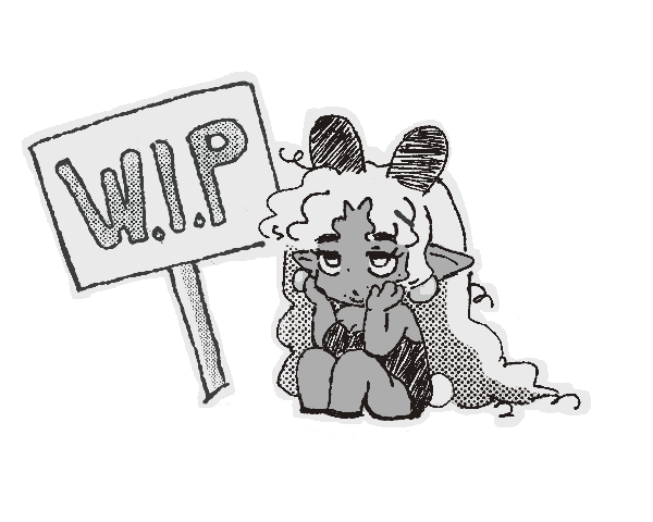 A black and white chibi bunny girl in front of a WIP sign, sitting with a bored look.